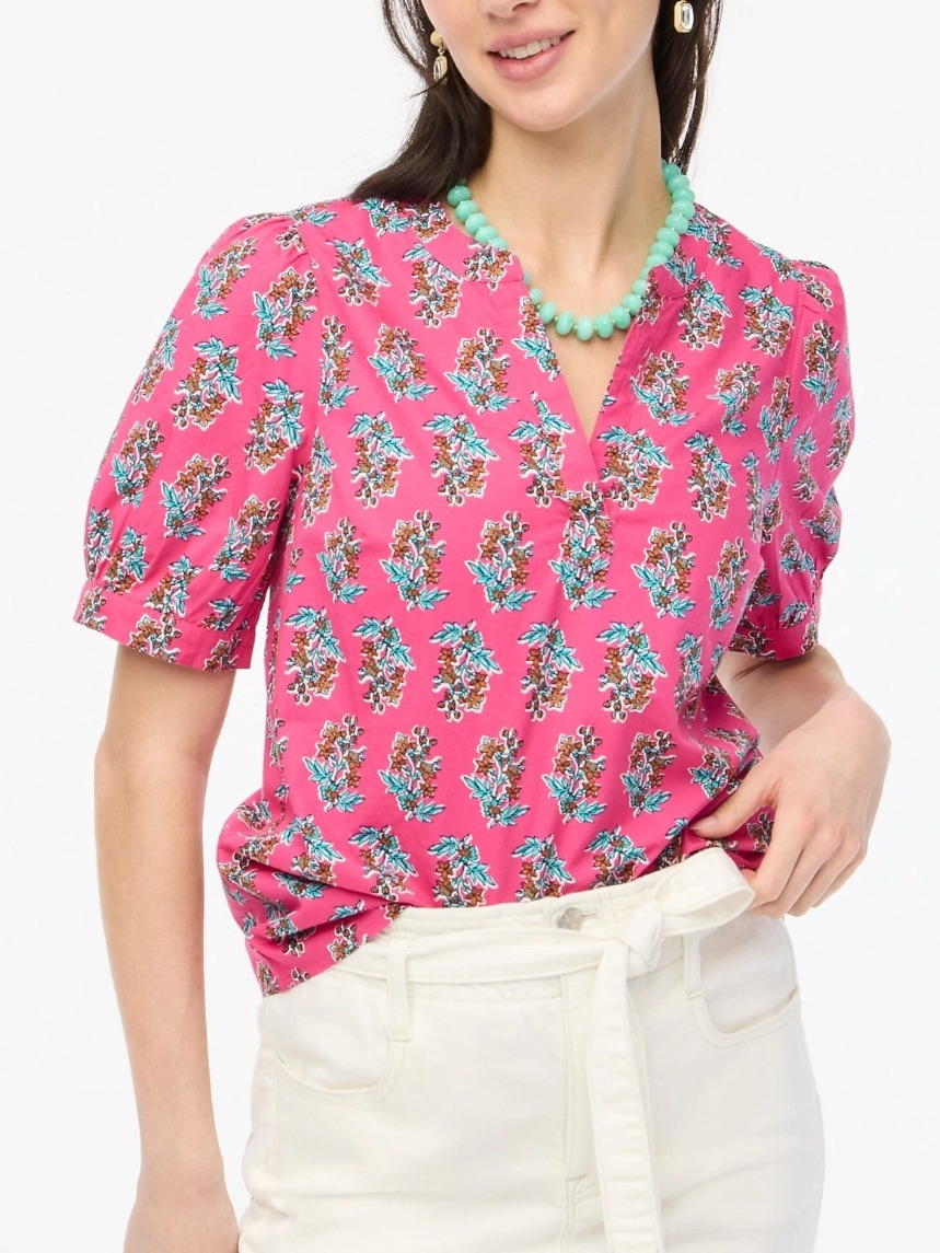 J. Crew Short Sleeve Poplin Floral Print V-Neck Top